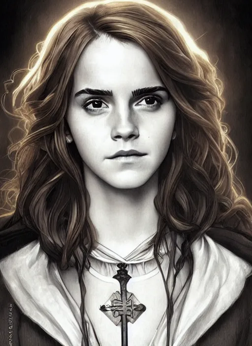 Prompt: emma watson as hermione granger at hogwarts. beautiful detailed face. by artgerm and greg rutkowski and alphonse mucha