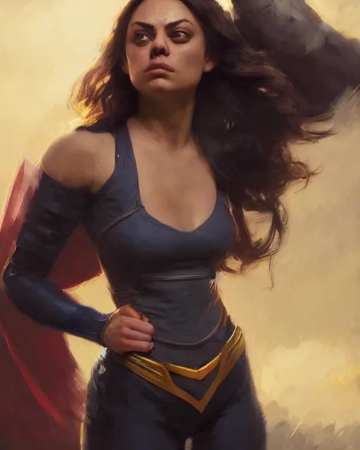 Prompt: mila kunis as a superhero. fantasy art by greg rutkowski, gustave courbet, rosa bonheur, edward hopper. faithfully depicted facial expression, perfect anatomy, sharp focus, global illumination, radiant light, detailed and intricate environment, trending on artstation