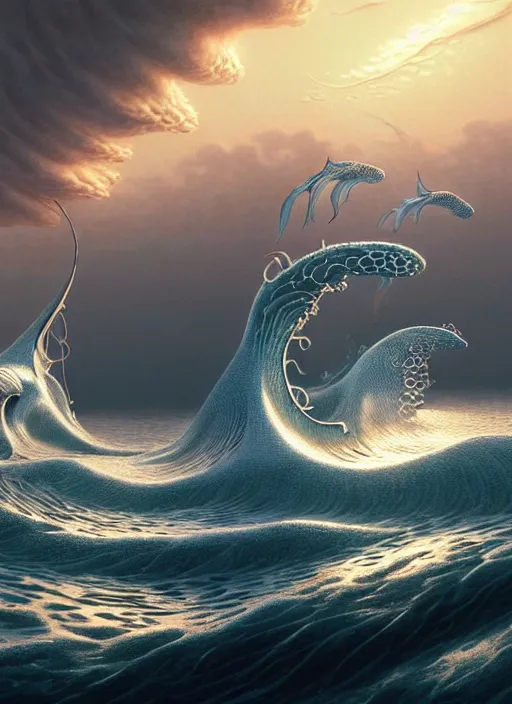 Prompt: a hyper - detailed 3 d render of aquatic animals @ of the cresting waves at dusk, surrealism!!!!! surreal concept art, lifelike, photorealistic, digital painting, aesthetic, smooth, sharp focus, artstation hd, by greg rutkowski, bruce pennington, valentina remenar and asher duran,