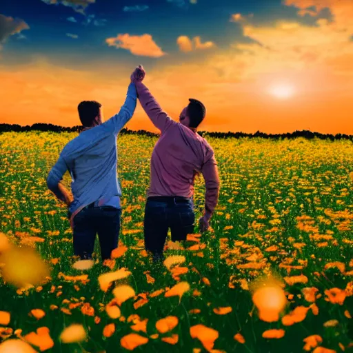 Image similar to a gay couple holding hands in a field of flowers at sunset, realistic, intricate, 4k