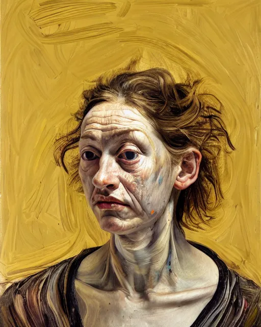 Image similar to a overhead close up portrait a very ordinary woman with a blank expression, facing front, looking up, by Lucian Freud and Jenny Saville, oil painting, anatomically correct, beautiful perfect face, sharp focus, Highly Detailed, Cinematic Lighting, 8k, HD