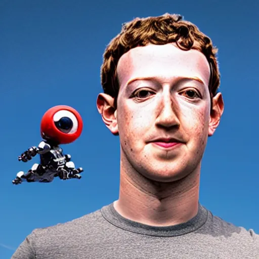 Prompt: giant robot mark zuckerberg head peeking between clouds in the sky