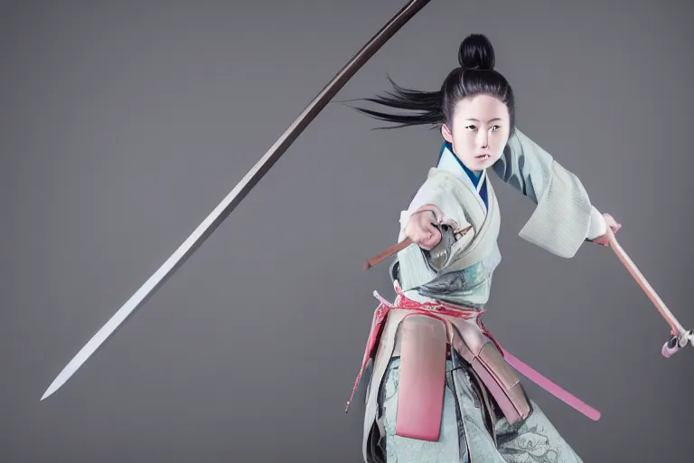 Image similar to beautiful photo of a young female samurai, practising sword stances, symmetrical face, beautiful eyes, huge oversized anime style sword, highly detailed, 8 k, award winning photo, muted pastels, action photography, 1 / 1 2 5 shutter speed, dramatic lighting