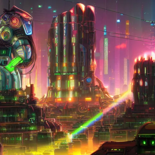 Image similar to a city of light built in the side of a giant robot corpse repurposed to save the planet, set in the distant future, plants, light prisms, rainbow diffraction, steampunk, cyberpunk, warm lights, anime, vhs distortion