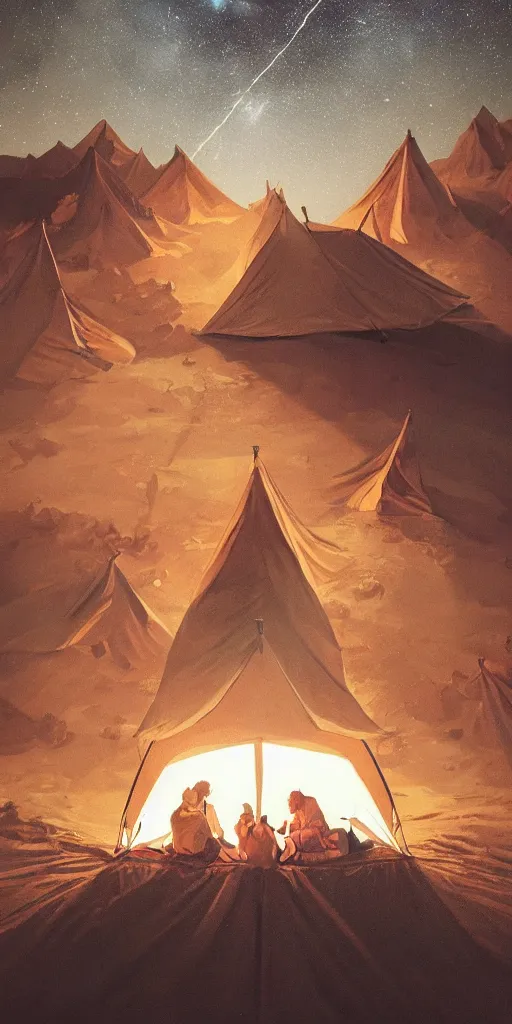 Prompt: symmetry!! they are tent camping by the campfire under a sky full of stars, surreal landscape, golden hour, very detailed, perfect composition, perfect lighting, 4 k, trending on artstation, greg rutkowski, derek zabrocki, artgerm, chuck close, ruan jia, makoto shinkai, wlop