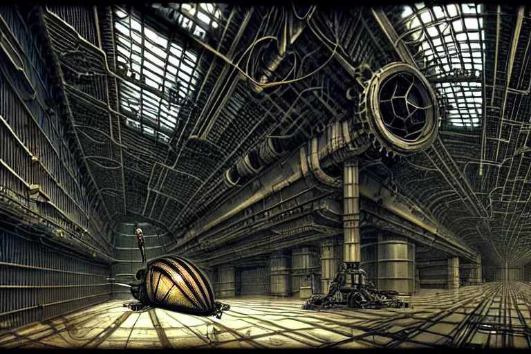 Image similar to dieselpunk huge robotic dragonfly, inside an gigantic underground concrete doom hangar, interior structure, drains, storm drains, jungle, vines, algea, cables, panels, walls, ceiling, floor, doors, brutalist architecture, intricate ink drawing, highly detailed in the style of Ashley Wood, moebius and Tsutomu Nihei, photorealistic, cinematic, intricate detail, well lit,