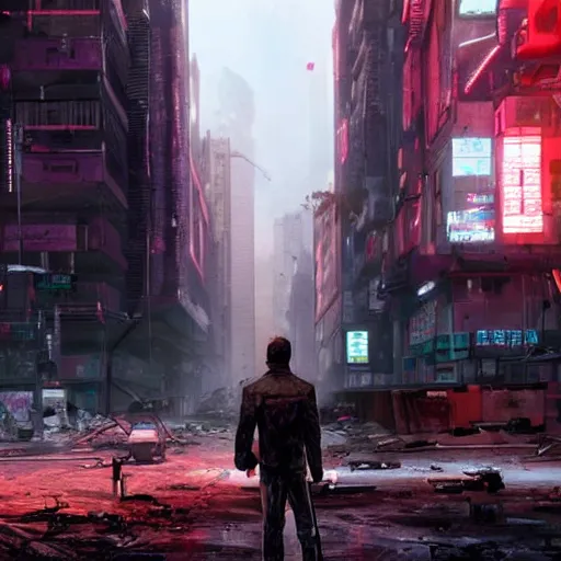 Image similar to the last man standing is on an empty street in an abandoned cyberpunk city