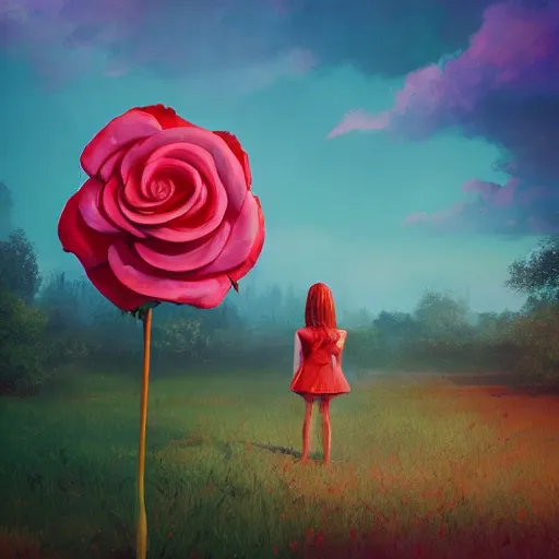 Image similar to portrait, giant rose flower head, girl in a suit, surreal photography, sunrise, blue sky, dramatic light, impressionist painting, digital painting, artstation, simon stalenhag