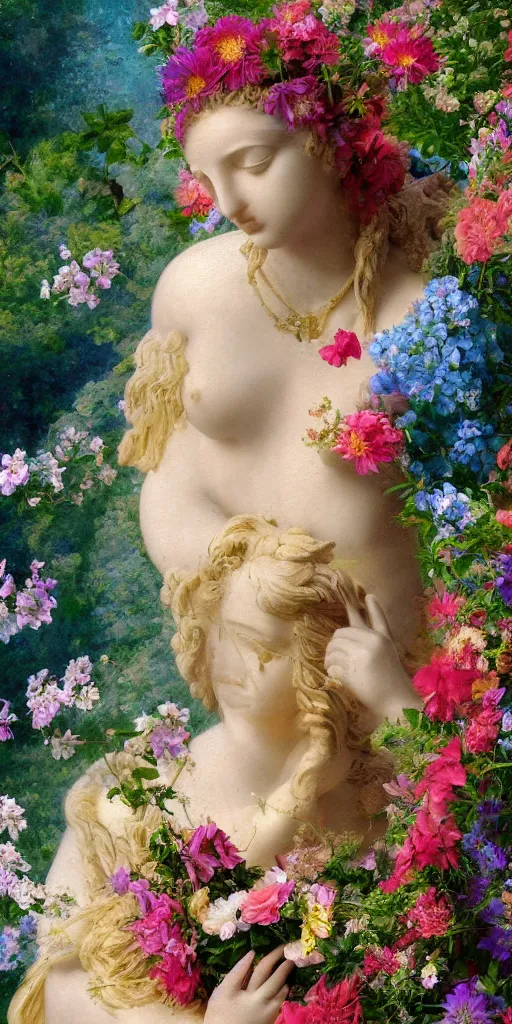 Image similar to high definition, digital, hyperreal, 2 k, tilt - shift, aphrodite wearing a beautiful dress, goddess of love, surrounded by flowers, in the style of a painting