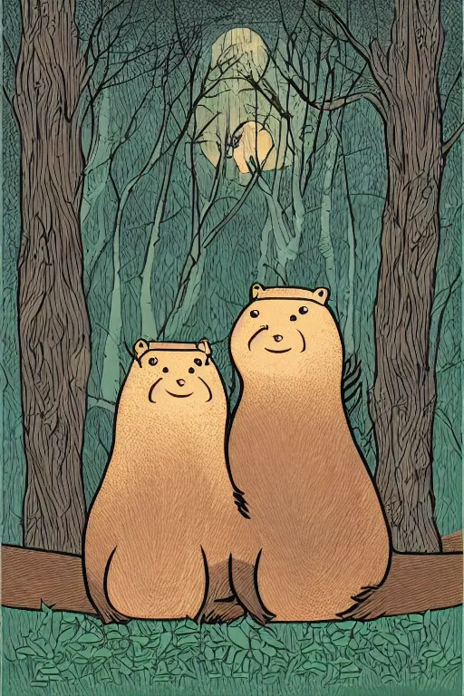 Prompt: an illustration of two evil beavers sitting next to a campfire in a dark forest at night, epid, digital drawing, vector art, beautiful, highly detailed