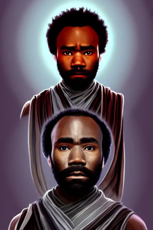 Image similar to Donald Glover as a Jedi from Star Wars, Naboo, realistic portrait, symmetrical, highly detailed, digital painting, artstation, concept art, smooth, sharp focus, cinematic lighting, art by Ralph McQuarry