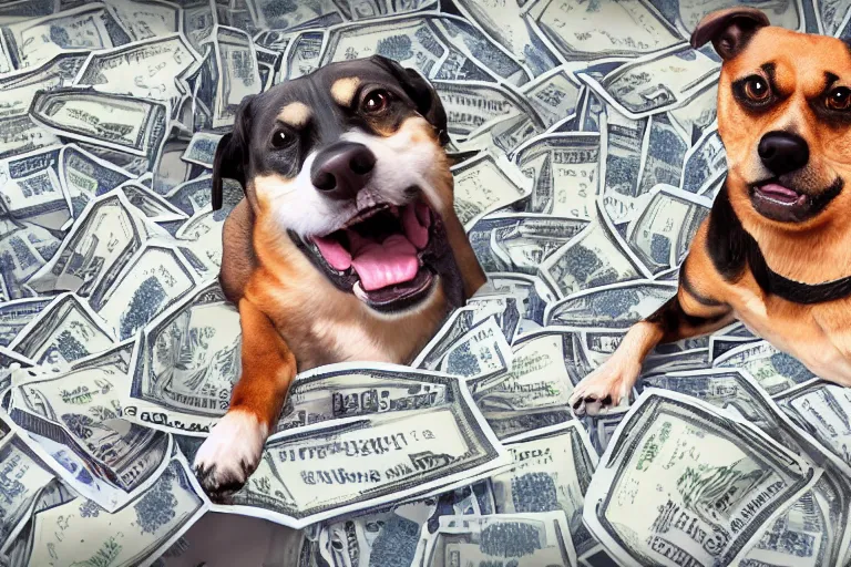 Prompt: MrBeast making a dog pick between a pile of money and dog treats! Youtube thumbnail. Stylized Digital Art. 4K HD Wallpaper.