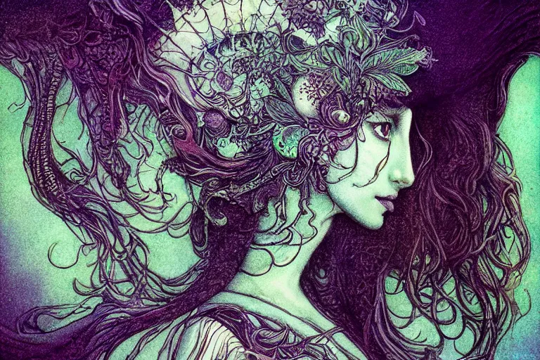 Prompt: fractal princess, in the style of greg broadmore and arthur rackham, trending on artstation, light lighting side view, digital art, surrealism, macro, blueprint, vaporwave,