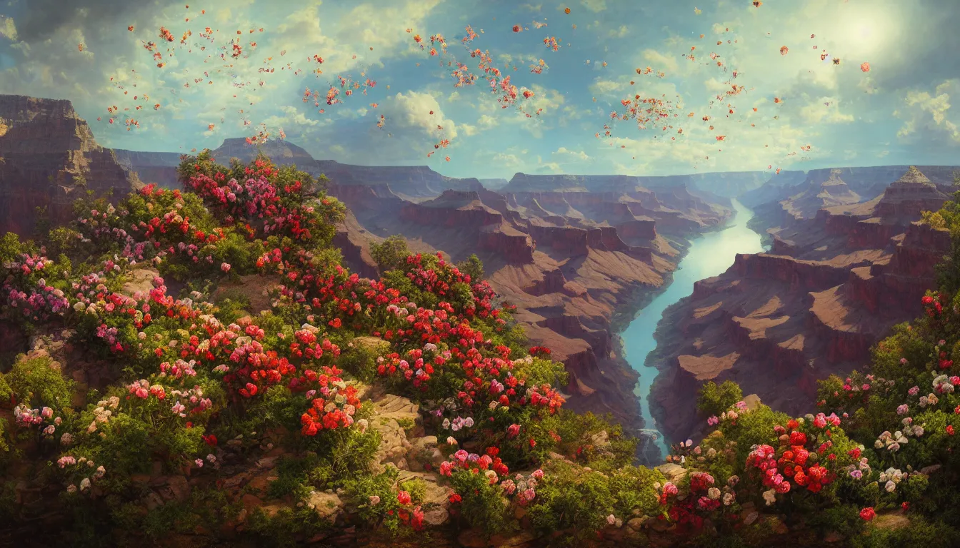 Image similar to An epic fantastic realism comic book style painting of the most beautiful flowers raining from the skies over the Grand Canyon, fisheye lens, painted by the Hudson River school, unreal 5, DAZ, hyperrealistic, octane render, dynamic lighting