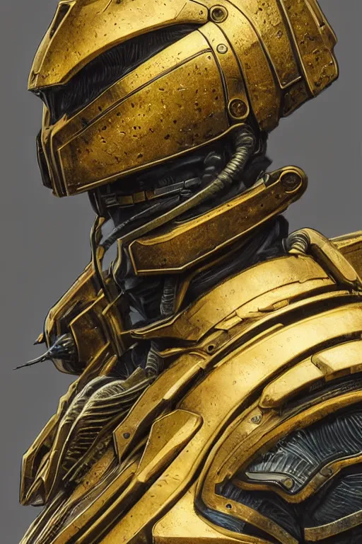 Image similar to realistic render portrait of an intricate armor and helmet, intricate, dystopian toy, sci-fi, extremely detailed, digital painting, sculpted in zbrush, artstation, concept art, smooth, sharp focus, illustration, chiaroscuro lighting, golden ratio, incredible art by artgerm and greg rutkowski and alphonse mucha and simon stalenhag