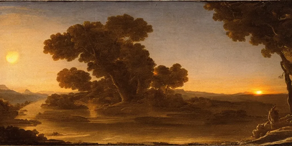 Prompt: where's wally at sunset in an exploding volcano seething, ethereal landscape, claude lorrain pastoral landscape