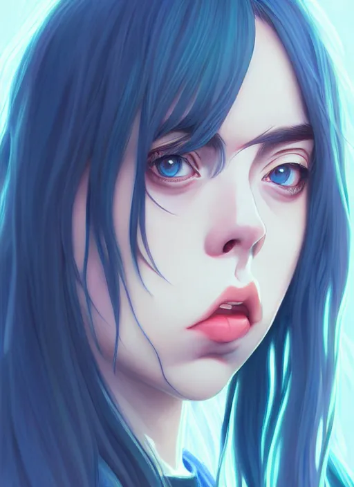 Image similar to a potrait of billie eilish as an anime, fine, realistic, shaded, lighting, ilya, kuvshinov, katsuhiro, artgerm, jeremy, lipkin, michael, garmash detailed digital art, radiant, light, detailed, intricate, environment