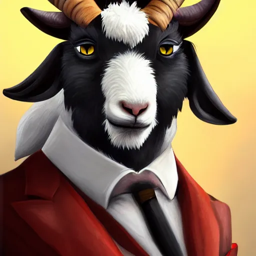 Image similar to award winning character art commission of an anthro furry humanoid goat smoking a cigar, three piece suit, character concept design, painting, detailed, vivid, trending on artstation