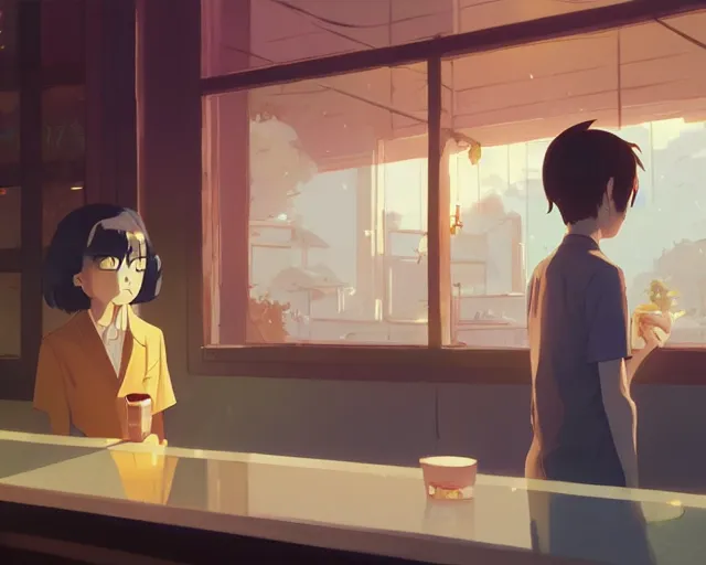 Prompt: seen through a window, tokyo bar, detailed, cory loftis, james gilleard, atey ghailan, makoto shinkai, goro fujita, studio ghibli, rim light, exquisite lighting, clear focus, very coherent, plain background, soft painting