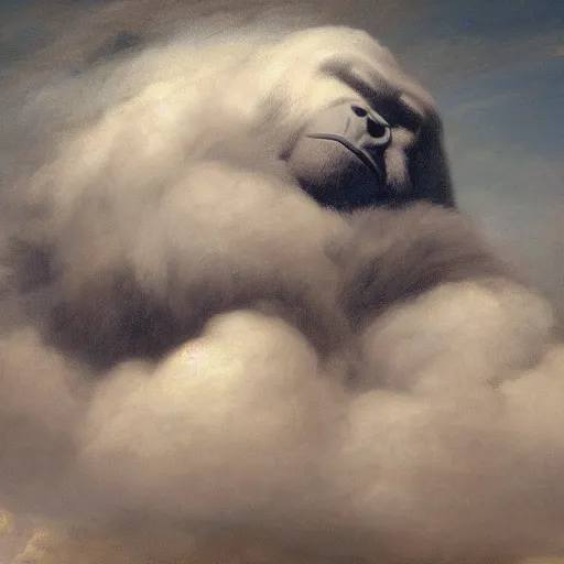 Prompt: A cloud that looks like Harambe, dreamlike, spiritual vision, detailed, 4K, artstation, by Benjamin West, Henri Fantin-Latour