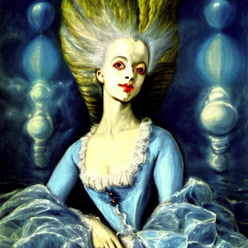 Prompt: A beautiful painting of Marie Antoinette levitating over the sea, digital art by El Greco, Remedios Varo, Salvador Dali, Carl Gustav Carus, John Atkinson Grimshaw. Blue tint. Symetrical, logo, geometric shapes, vibrant color scheme, highly detailed, in the style of romanticism, fine Art, high detail, great lighting, 8k resolution, masterpiece, concept art, illustration, clear eyes, soft lighting, soft details, painting oil on canvas, octane render, HDR, trending on artstation, 4k, 8k, HD