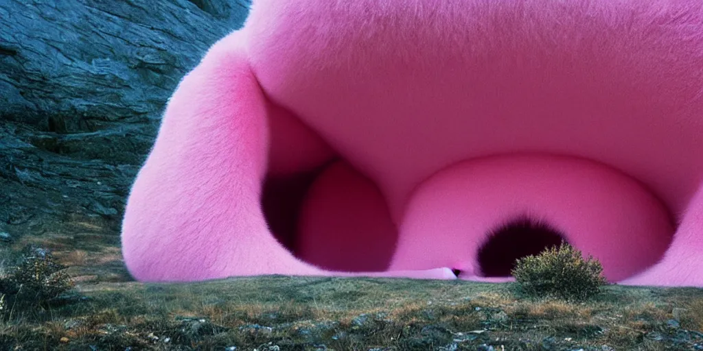 Image similar to a strange huge translucent pvc inflated organic architecture building with pink fluffy fur inside by anish kapoor sits in the rock mountains, film still from the movie directed by denis villeneuve with art direction by zdzisław beksinski, close up, telephoto lens, shallow depth of field