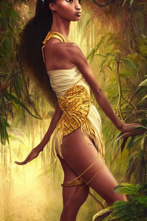 Image similar to stunningly beautiful, nubian geisha prima ballerina in jungle, symmetrical face, golden hour, smooth, focus, highly detailed, hyper realistic, dramatic lighting, elegant, intricate, concept art, art by wlop, mars ravelo, greg rutowski, artstation