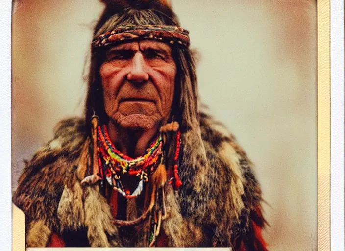 Prompt: over exposed color polaroid photograph of a neolithic european shaman wearing deerskin adorned with trinkets
