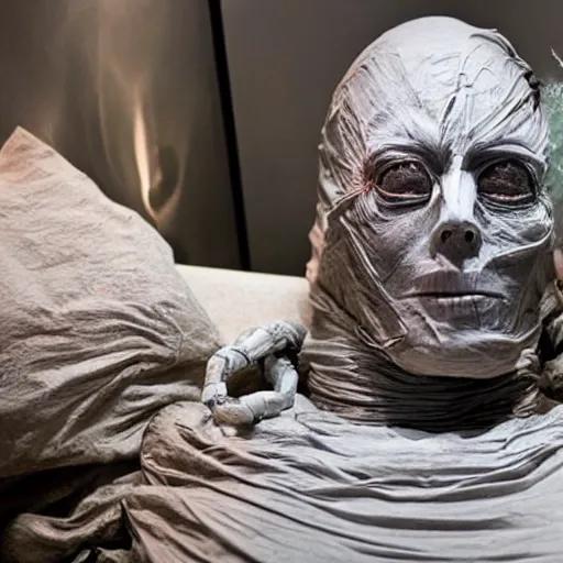 Prompt: mummified elon musk in his luxurious burial chamber, year 3 2 5 1, cyberpunk