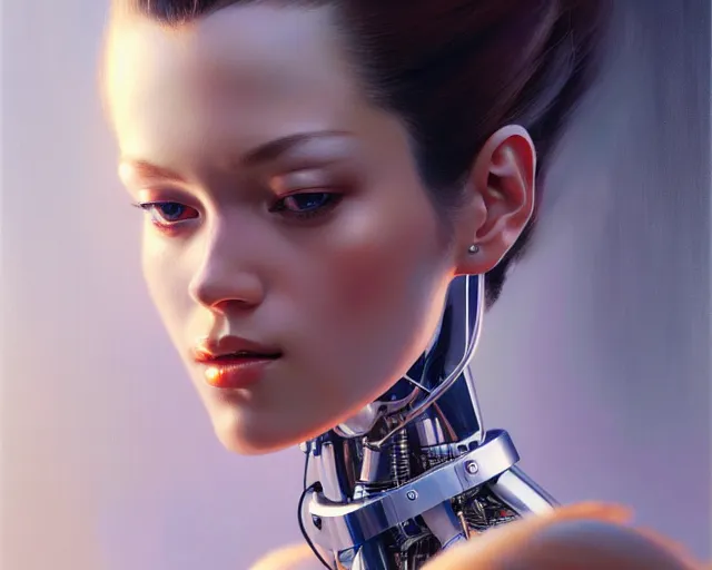 Prompt: a ultradetailed beautiful portrait panting of a stylish female robot, chrome plated, oil painting, by hajime sorayama, greg rutkowski and makoto shinkai, trending on artstation