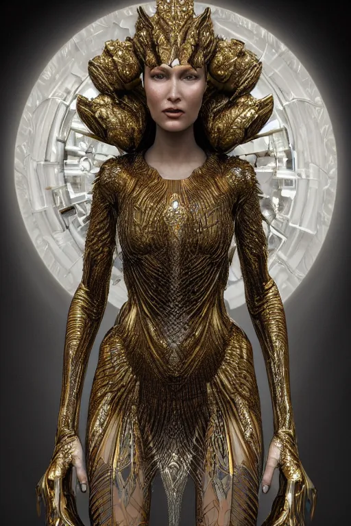 Prompt: a highly detailed metahuman 3 d render of an alien goddess bella hadid in iris van herpen dress schiaparelli in diamonds and jewelry in style of alphonse mucha trending on artstation made in unreal engine 4