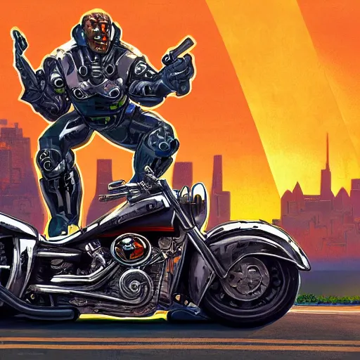 Image similar to cyborg rides a motorcycle down gotham city art deco highway, goliath statue support beams, ayn rand raised highway, filiment buld traffic lights, golden light, dark oil painting, global illumination