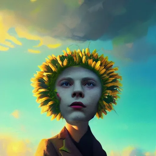 Image similar to giant daisy flower head, frontal, girl in a suit, surreal photography, sunrise, dramatic light, impressionist painting, digital painting, artstation, simon stalenhag