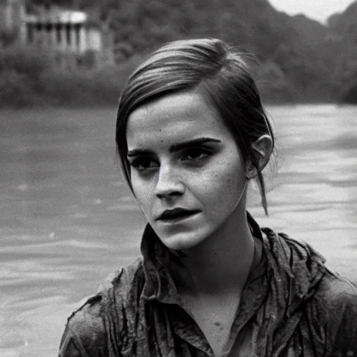 Prompt: film still, close up, emma watson rising out of muddy vietnam river, face covered in mud, low camera angle at water level, night time, film still from apocalypse now ( 1 9 7 9 ), 2 6 mm