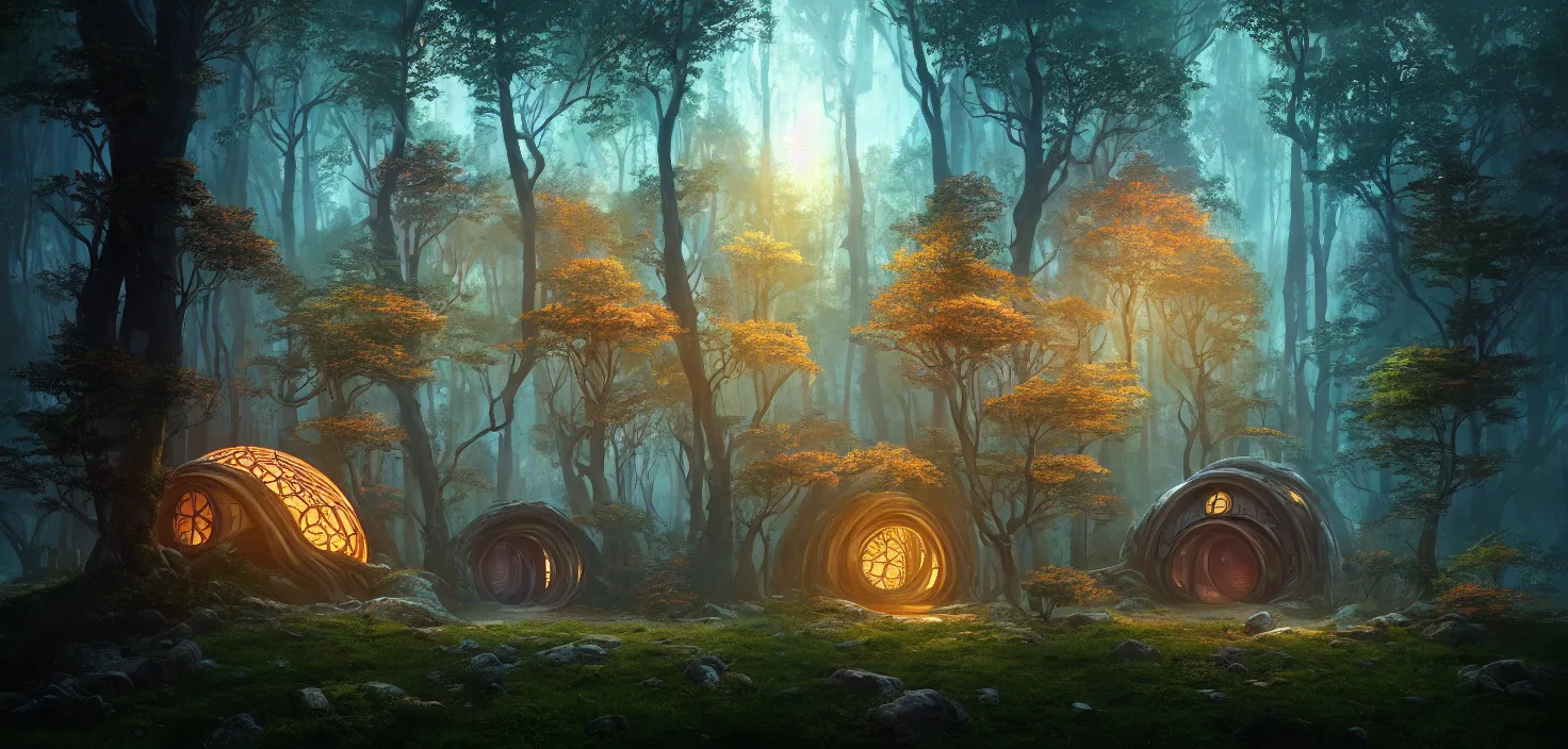 Image similar to random mystic forest house landscape, big round glowing multicoloured portal house, central symmetrical composition, incredible, vector art, octane render, fabulous, hyper detailed, random cinematic view, no noise, global illumination, warm lighting, volumetric, godrays, vivid, beautiful, by jordan grimmer