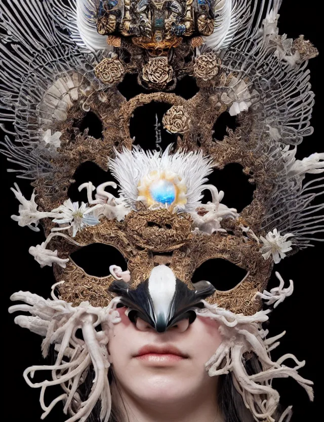 Image similar to goddess macro close - up portrait with crown and mask made of ram skull. beautiful intricately detailed japanese crow kitsune mask and clasical japanese kimono. betta fish, jellyfish phoenix, bioluminescent, plasma, ice, water, wind, creature, artwork by tooth wu and wlop and beeple and greg rutkowski