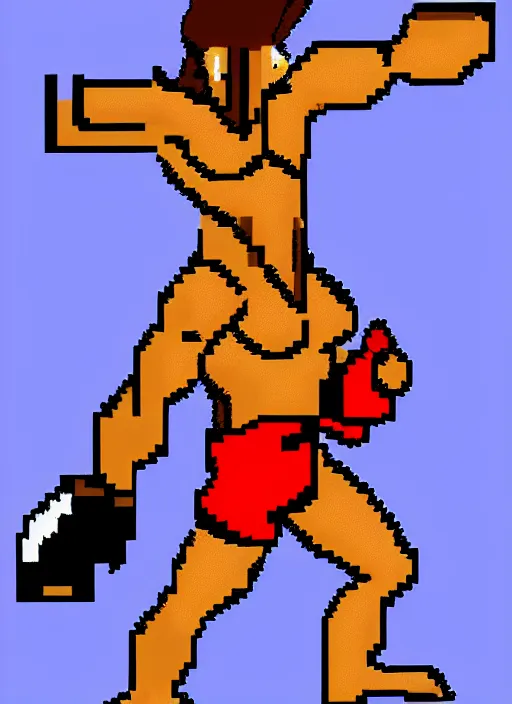 Image similar to full body shot. antropomorphic muscular masculine wolf. kickboxer, in red shorts. wolf head. furr on body. 8 bit nes graphics, pixelate