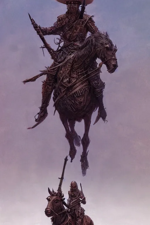 Image similar to Knight of the apocalypse riding a funny lama in a hat, dark fantasy, intricate, highly detailed, smooth, artstation, painted by Wayne Barlowe, Greg Rutkowski, zdislav beksinski, Francis Bacon