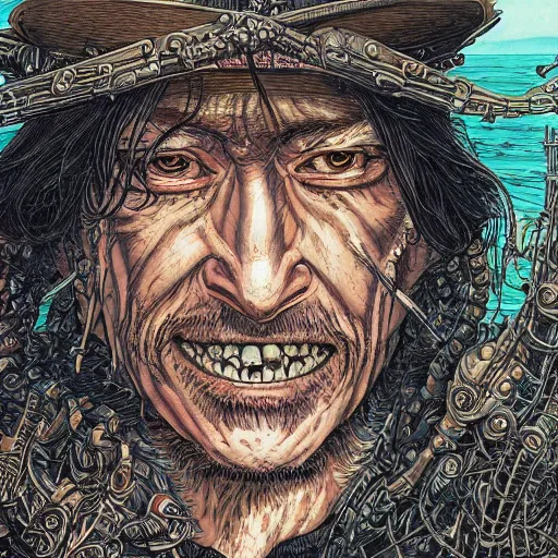 Image similar to portrait closeup of crazy hector barbossa, galleons, symmetrical, hyper detailed, by yoichi hatakenaka, masamune shirow, josan gonzales and dan mumford, ayami kojima, takato yamamoto, barclay shaw, karol bak, yukito kishiro