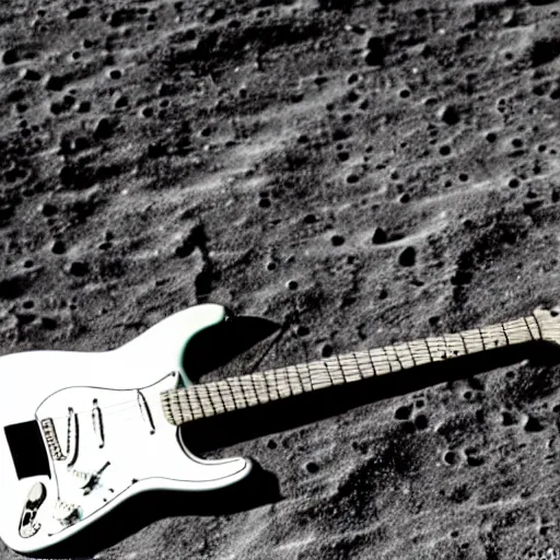 Prompt: photo of a stratocaster electric guitar sitting idle during the moon landing. detailed