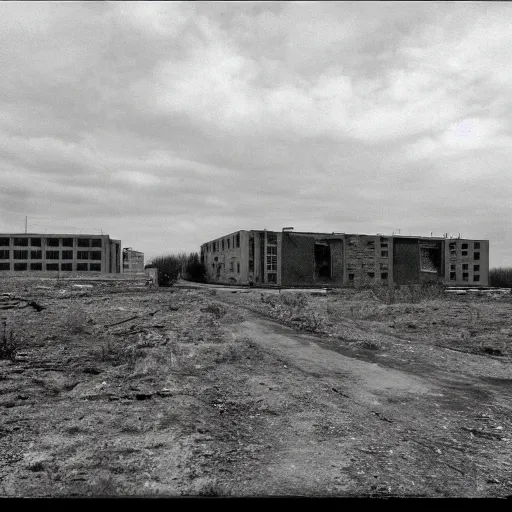 Prompt: 1 9 9 0 s security cam found footage of an abandoned soviet town with a humanoid monster, liminal space, backrooms, scp, film grain, rundown, eerie, dark lighting, 3 5 mm, realistic, photograph