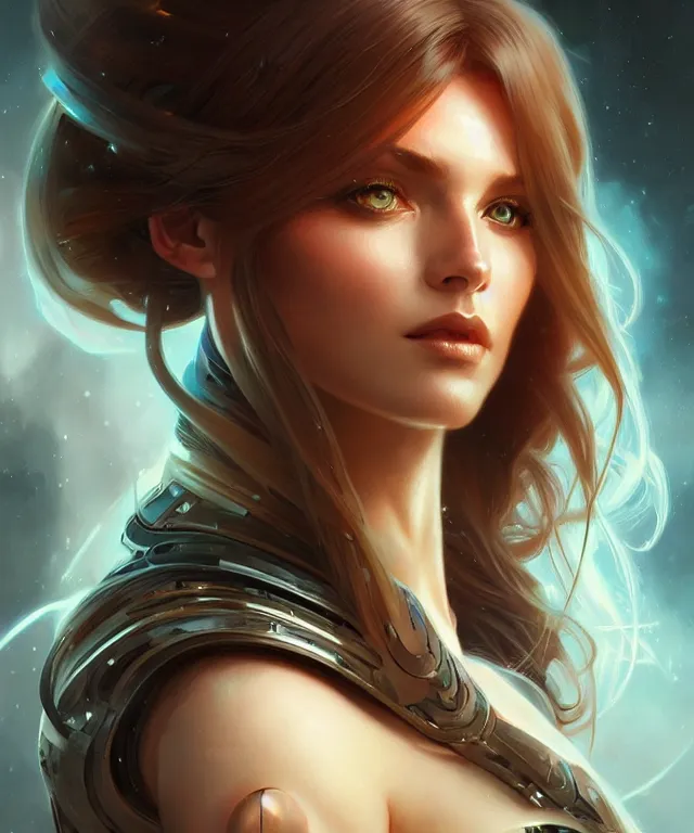 Image similar to futuristic woman portrait, sci - fi, amber eyes, face, long hair, fantasy, intricate, elegant, highly detailed, digital painting, artstation, concept art, smooth, sharp focus, illustration, art by artgerm and greg rutkowski and alphonse mucha