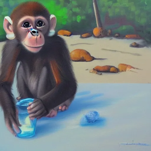 Image similar to baby monkey drinking water at the beach, oil painting, cute, 4k, trending on art station,