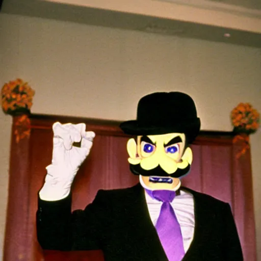 Prompt: president waluigi, real, 1 9 9 3, still, photograph, photo, speech