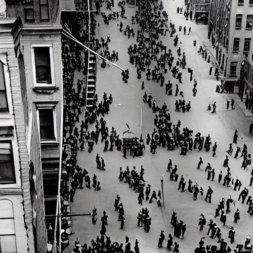 Image similar to view from 1920's New York apartment of the street below. Depression era protest. Black and white photo.