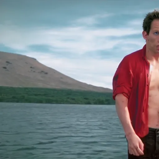 Image similar to dennis reynolds in a fiery rage, standing next to his range rover near a body of water, cinematic style