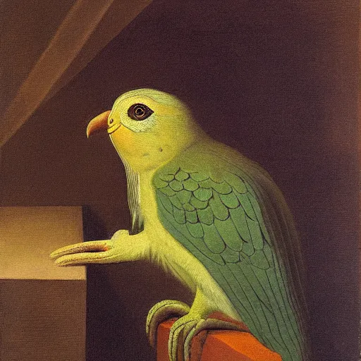Prompt: a kakapo painted as in the style of a dutch master. nightwatch