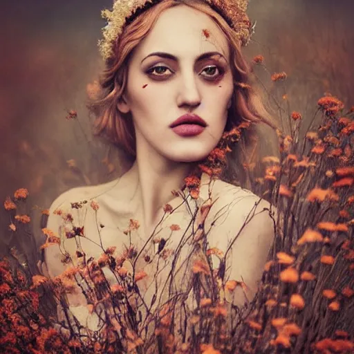Prompt: fine art photo of the beauty goddess meryem uzerli, she has a crown of dried flowers, by oleg oprisco