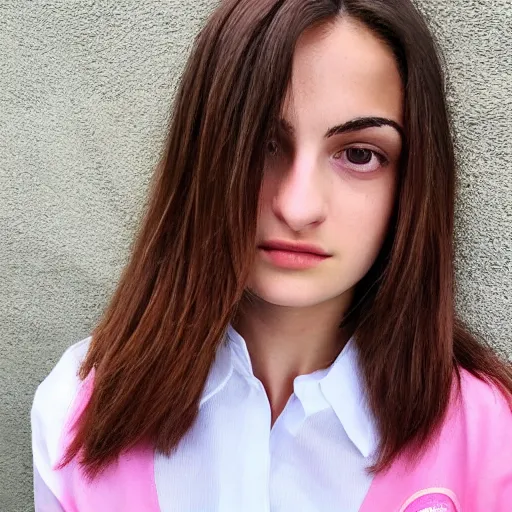 Image similar to 1 9 years old slim straight brown hair gabriella papadakis, neck wrinkles, wearing white jean and pink shirt