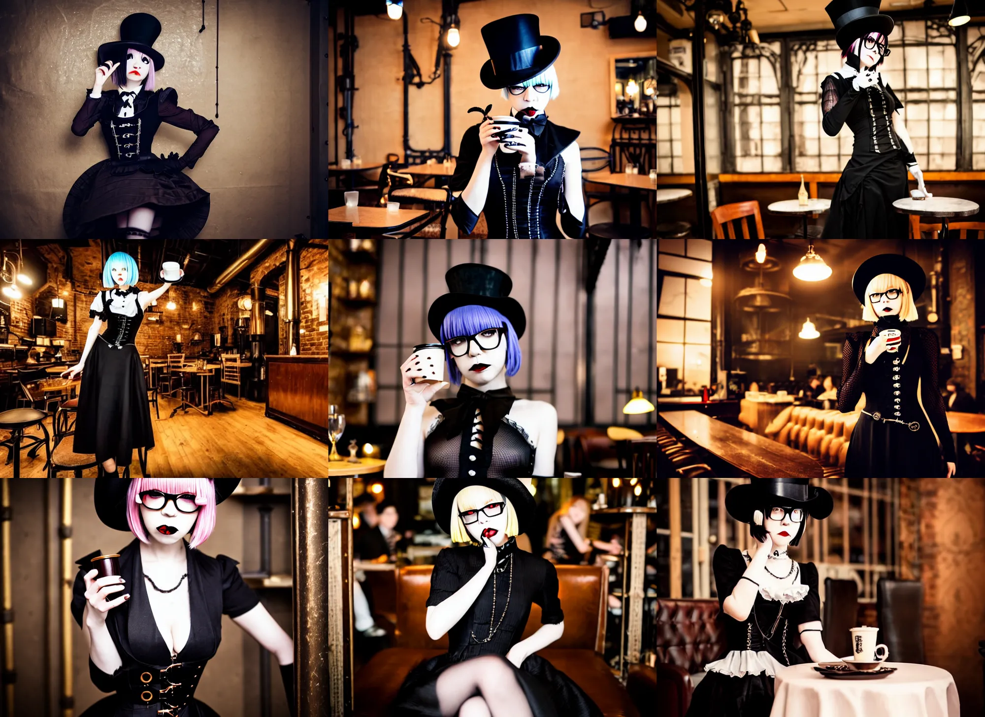 Prompt: full body portrait photo of reol wearing a elegant gothic dress, open top, wearing a tophat, and glasses. drinking coffee in a busy steampunk cafe interior, dim studio lighting, at night, ( ( photograph ) ), moody, realistic